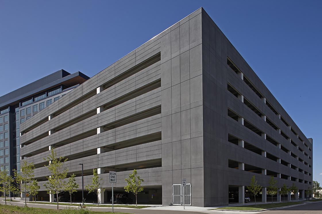 View of 10 West Parking Ramp with a blue sky in the background.