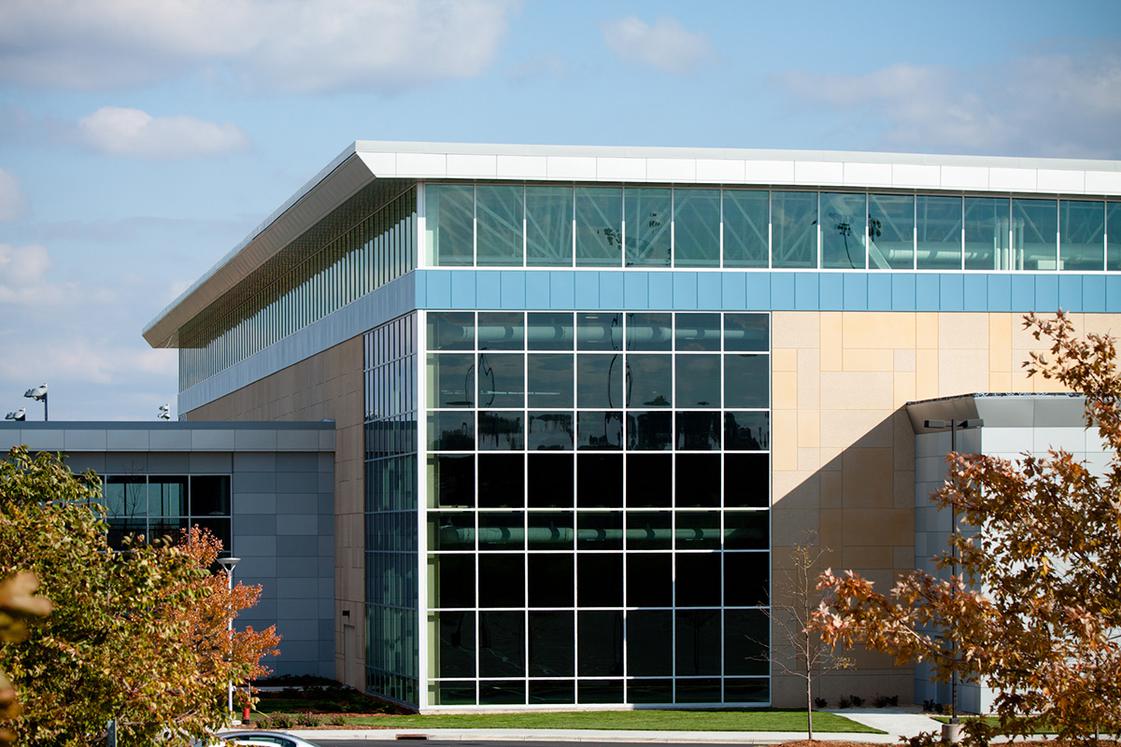 Closer shot of Bielenberg Sports and the precast bracketing the windows