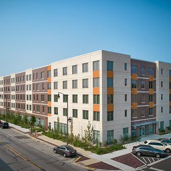 A wide-shot of the IHDC Fifth Avenue Apartments, located in Maywood, Illinois.