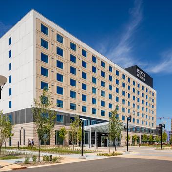 Wide view of Hyatt Regency Hotel at Bloomington Central Station.