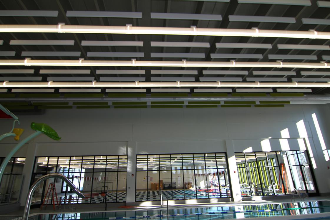 Indoor view of the Austin Community Reacreation Center, with details of the ceiling