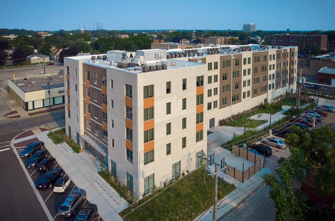 A wide-shot of the IHDC Fifth Avenue Apartments, located in Maywood, Illinois.