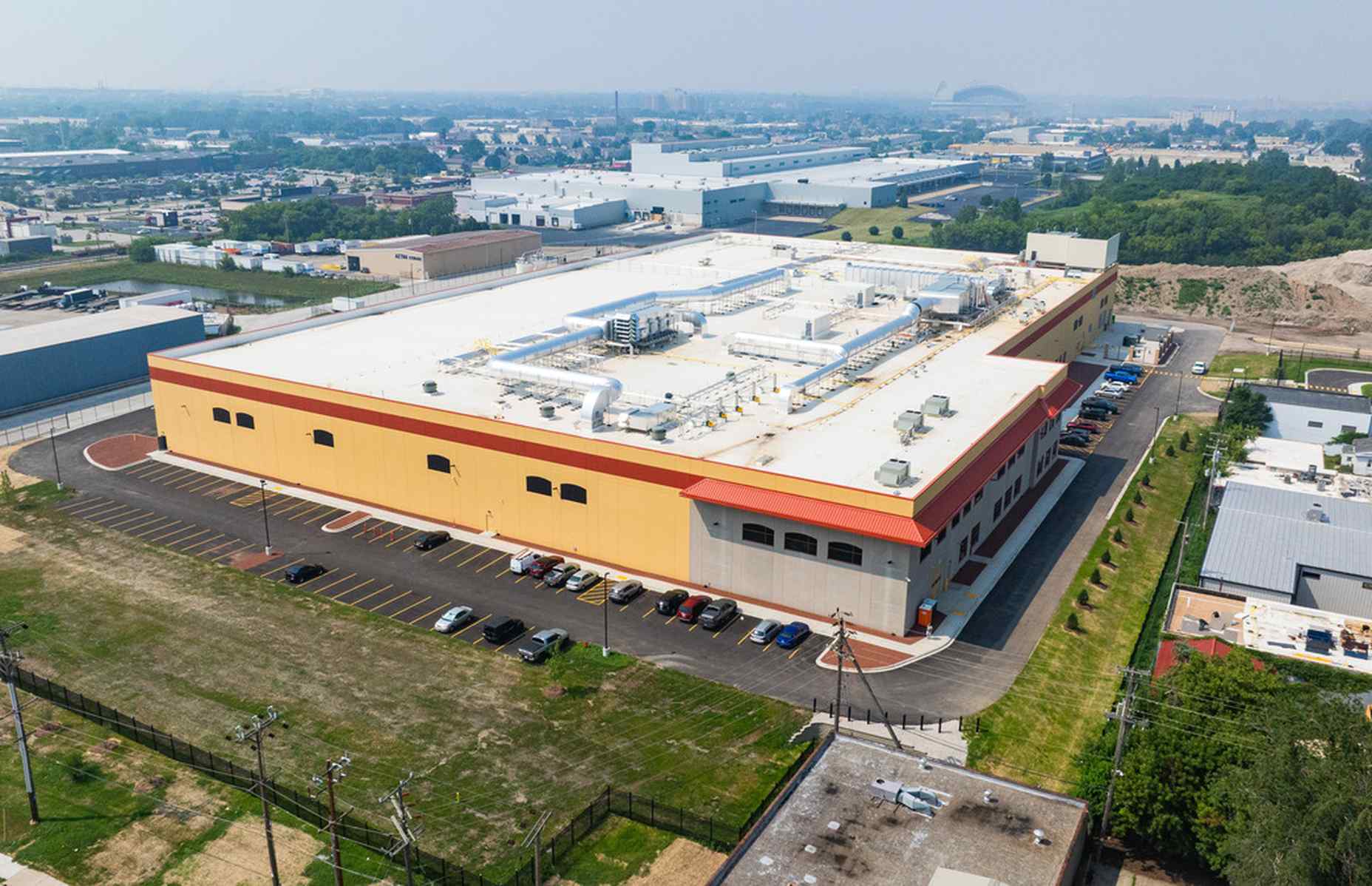 corner side view aerial of palermo's pizza food manufacturing in milwaukee