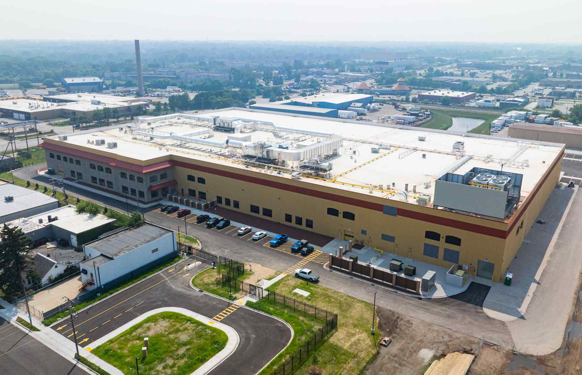 front view aerial of palermo's pizza food manufacturing in milwaukee