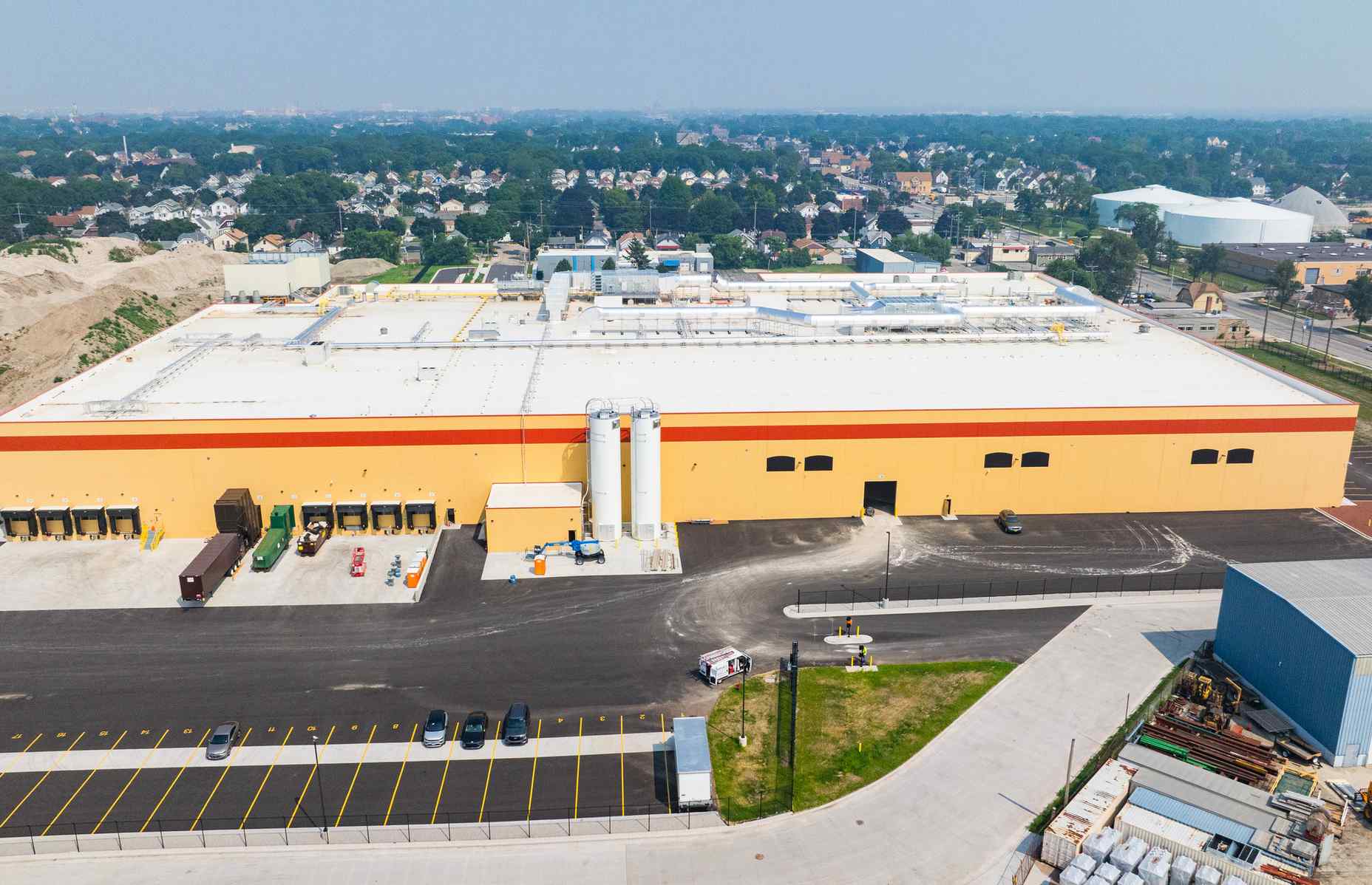 back view aerial of palermo's pizza food manufacturing in milwaukee