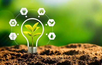 sprout in dirt with sustainability icons around it