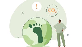 graphic of person looking at globe and carbon footprint