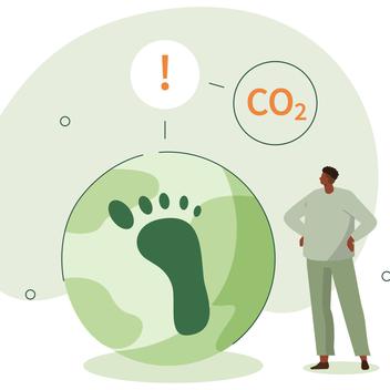 graphic of person looking at globe and carbon footprint