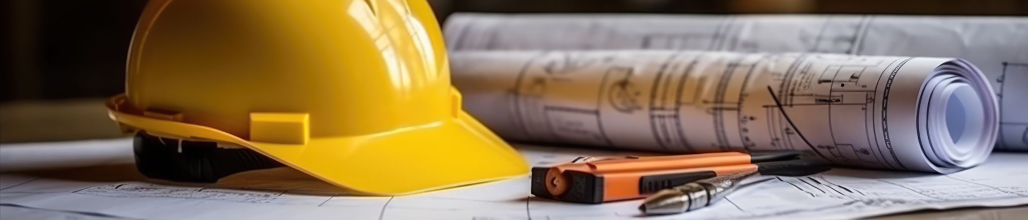 hard hat and blueprints on a table