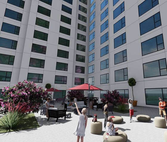 exterior view of infinte facade building with a patio