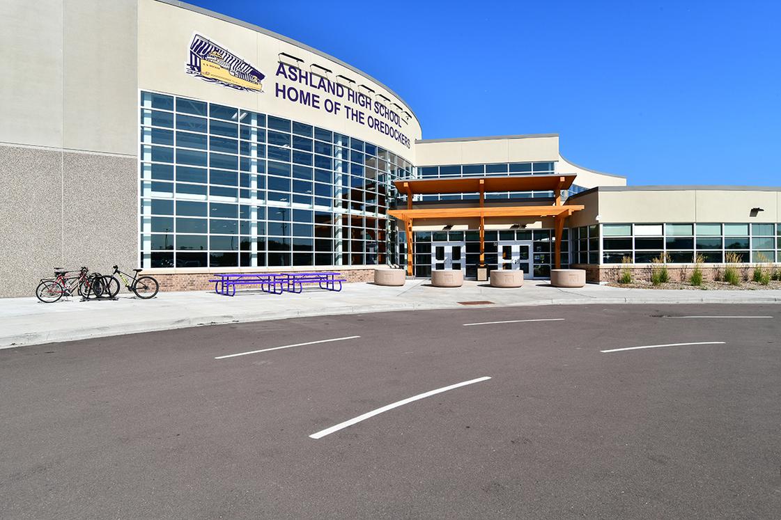 Front view of Ashland High School in bright sunlight