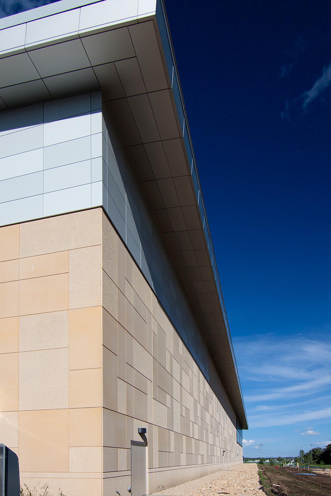 Close up shot of Bielenberg Sports' corner, with details of the architectural precast finish