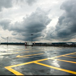 Image of a wet parking deck with storm clouds in the background