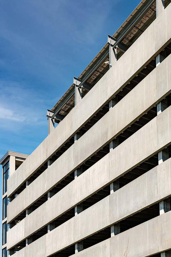 side image of the parking structure with landscaping