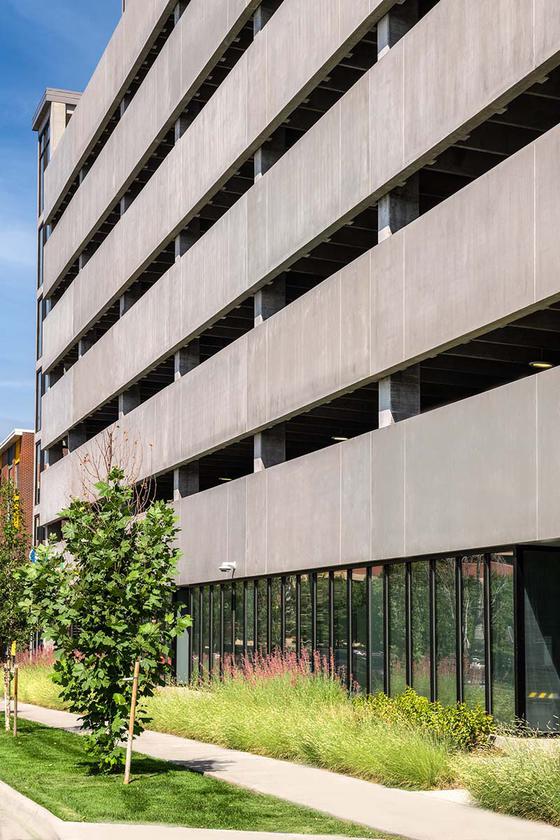 side view of parking structure with landscaping