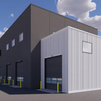 rendering of the grand forks service center exterior with garage doors