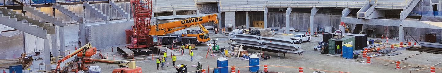 Aerial view of Milwaukee Buck's Fiserv Forum in early phases of construction