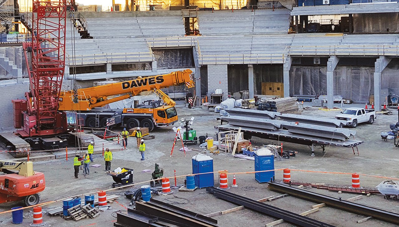 Aerial view of Milwaukee Buck's Fiserv Forum in early phases of construction