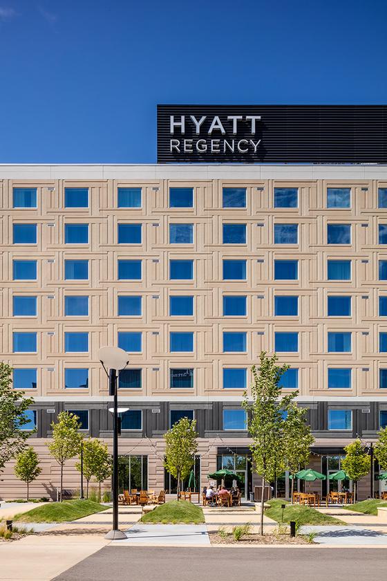Straight view of the front of Hyatt Regency Hotel at Bloomington Central Station.