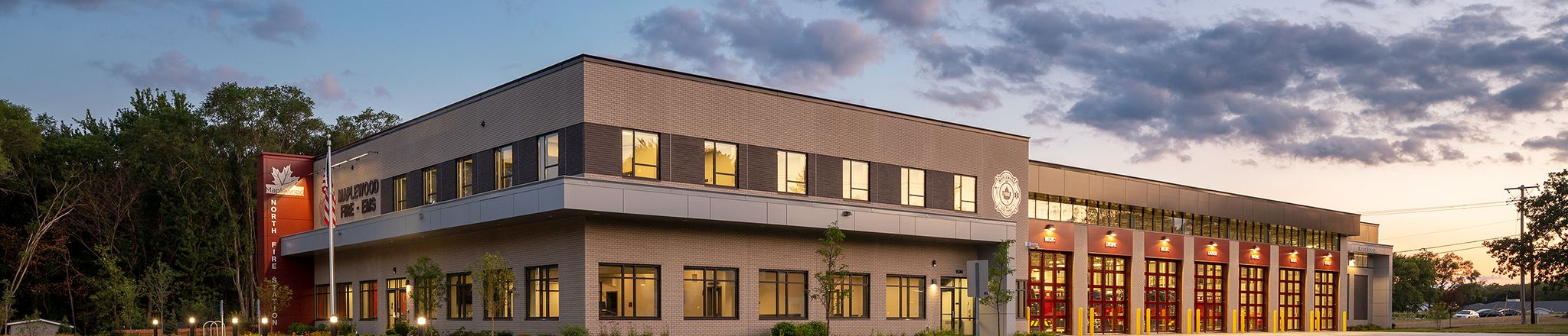 exterior photo of Maplewood's North Fire Station at sunset