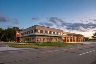 exterior photo of Maplewood's North Fire Station at sunset