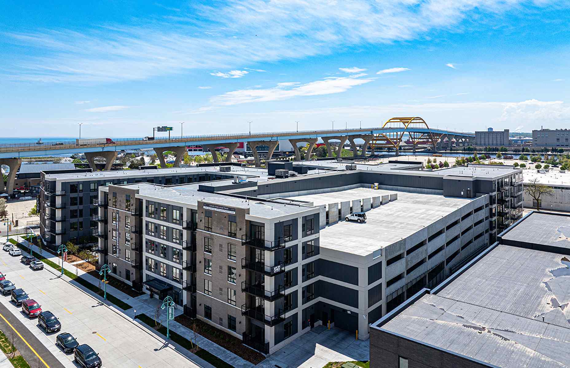 wide corner view of keading parking deck with lake view
