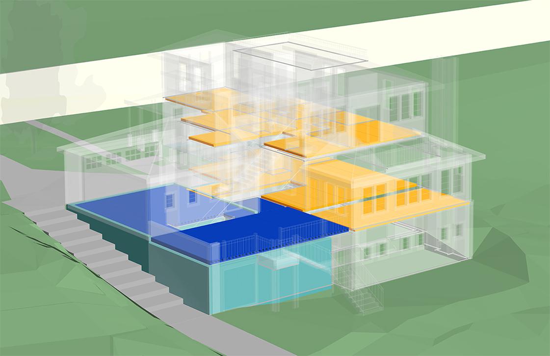 Rendering of Mill Street building with green grass and white, blue and yellow layers