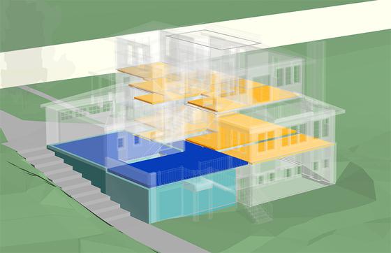 Rendering of Mill Street building with green grass and white, blue and yellow layers