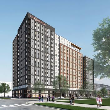 rendering of the student housing development from street view