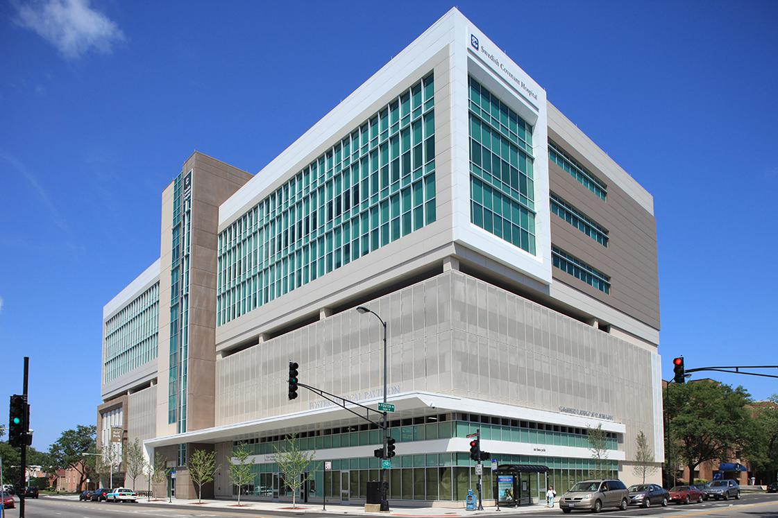 Wide shot of Swedish Covenant Parking Deck with a bright sky