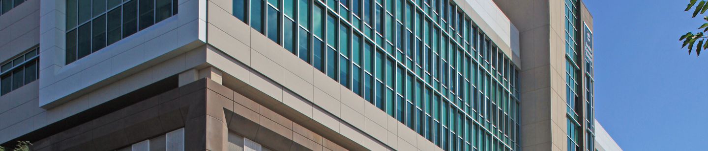 Close up view of Swedish Covenant Parking Deck with blue sky in the background