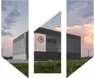 IBEW crane facility exterior at dusk