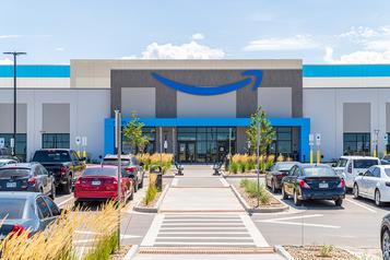 front entrance and parking lot of amazon building