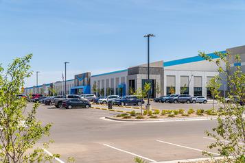 view of parking lot and amazon building