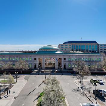 aerial view of front of aurora municipal court