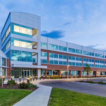 wide view of building at dusk