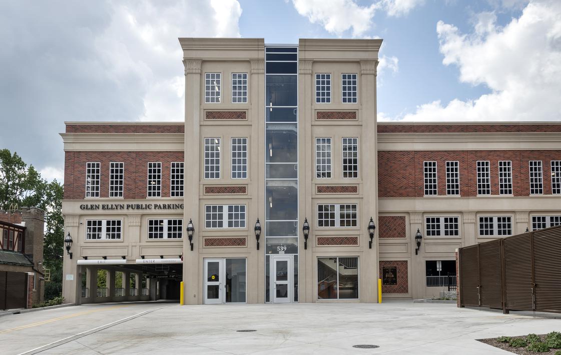 Exterior shot of the Glen Ellyn Civic Center parking structure.