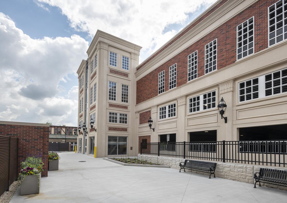 Exterior shot of the Glen Ellyn Civic Center parking structure.