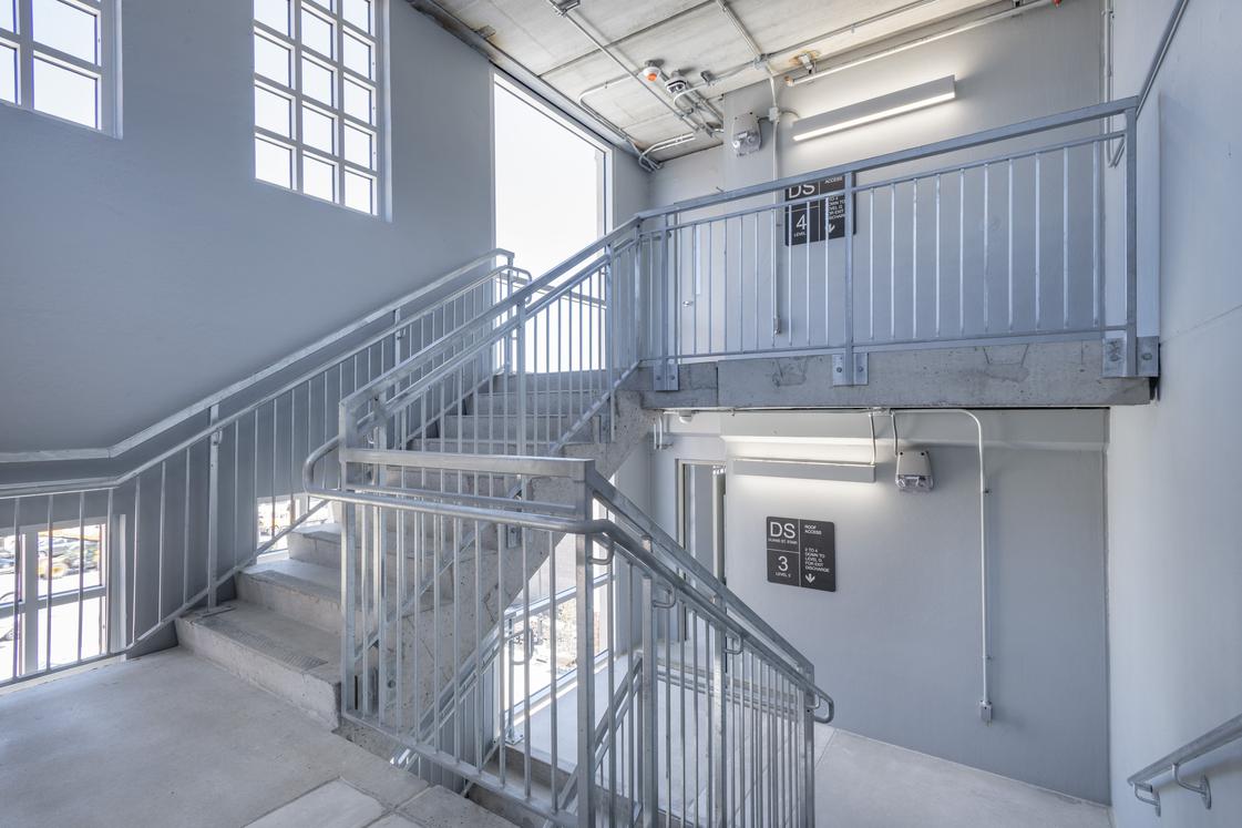 Interior shot of stairwell of the Glen Ellyn Civic Center parking structure.