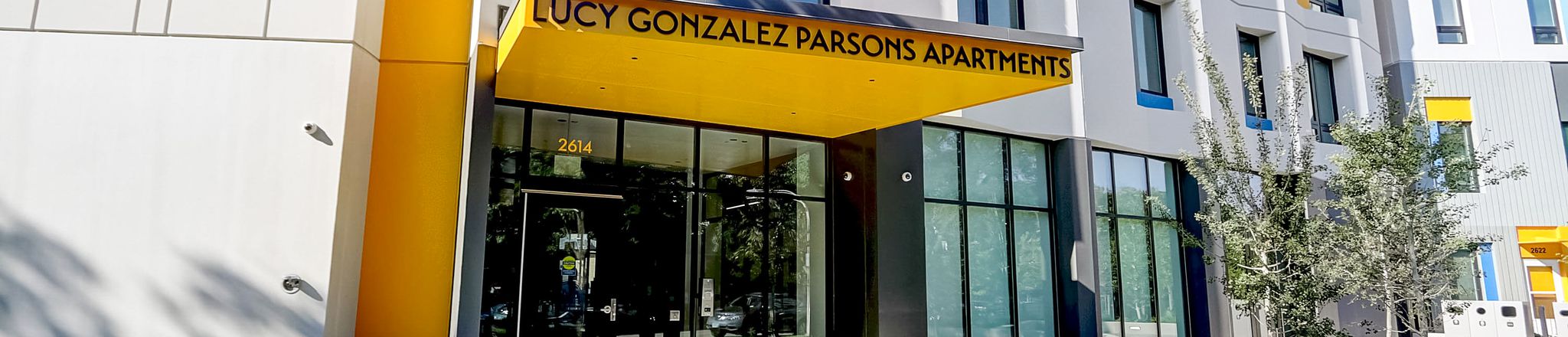 entrance of lucy gonzalez parsons apartments