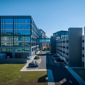 walkway between parking deck and office building in block 1