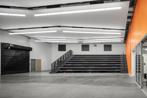 interior of valley southwoods freshman high school storm shelter with safety garage doors closed